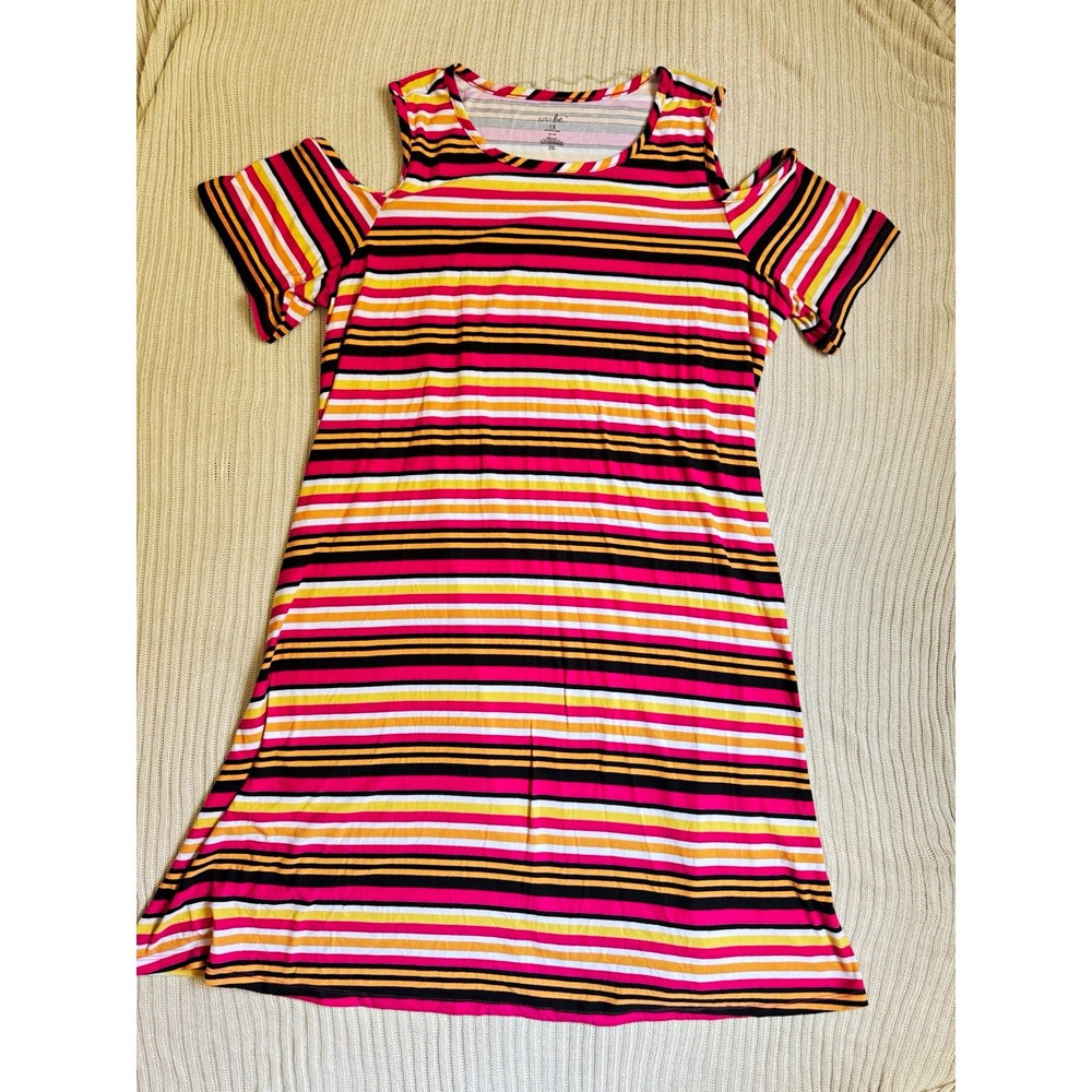 Just Be Striped Knit T-Shirt Dress 1X Plus Stretch Cold Shoulder Round Neck